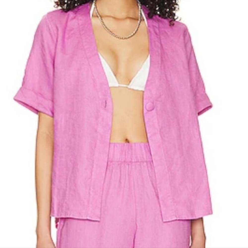 NWT PQ x REVOLVE Bubble Gum‎ Pink Sammy Linen Button Up Short Sleeve Top XS/S